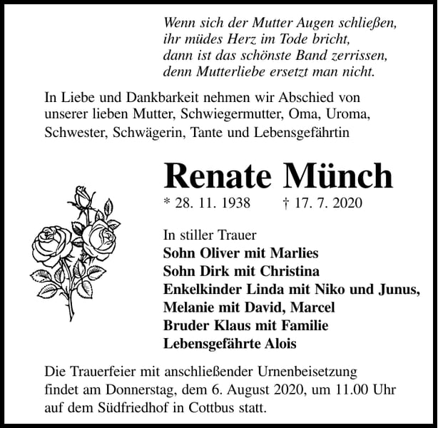 Traueranzeige Renate Münch
