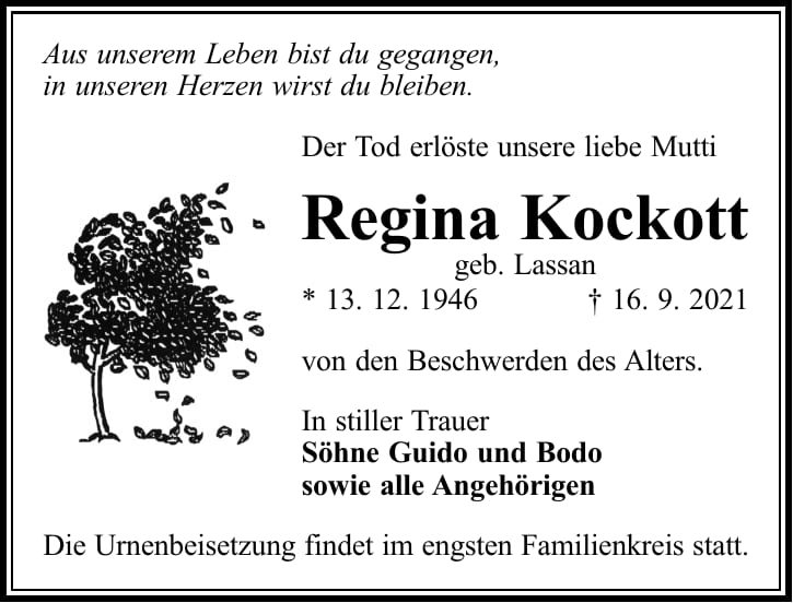 Traueranzeige Regina Kockott, geb. Lassan