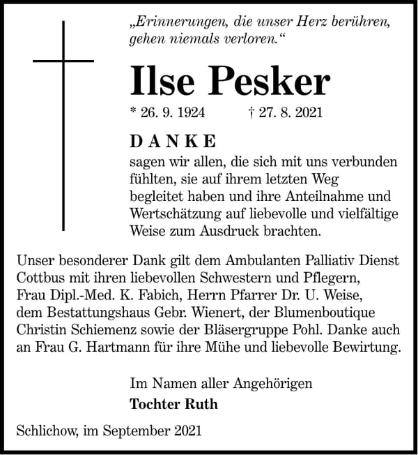 Traueranzeige Ilse Pesker