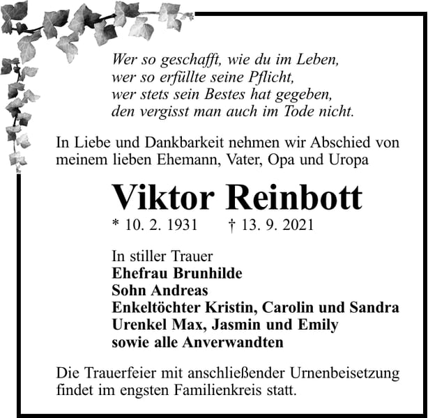 Traueranzeige Viktor Reinbott