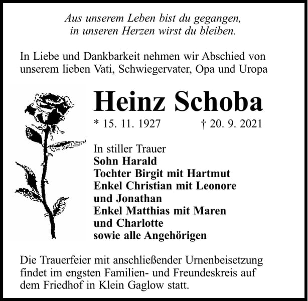 Traueranzeige Heinz Schoba