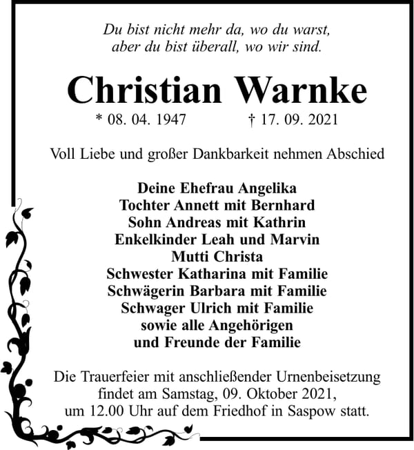 Traueranzeige Christian Warnke