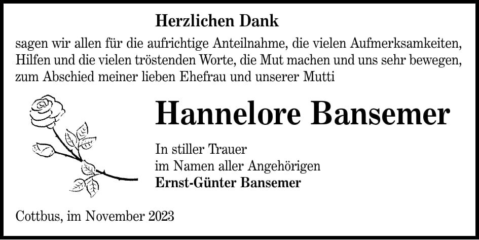 Danksagung Hannelore Bansemer