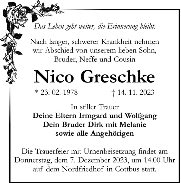 Traueranzeige Nico Greschke