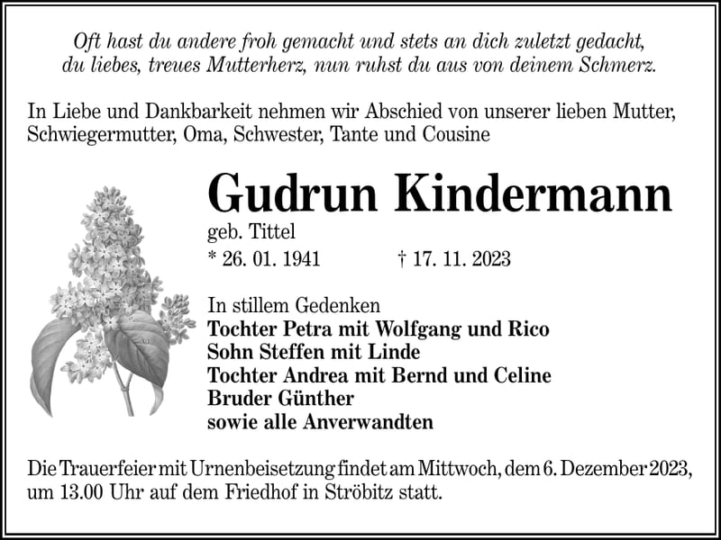 Traueranzeige Gudrun Kindermann, geb. Tittel