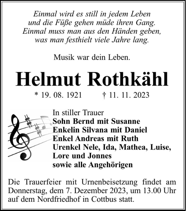 Traueranzeige Helmut Rothkähl