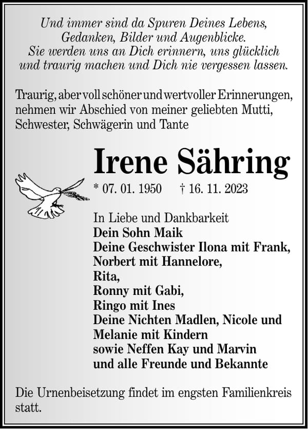Traueranzeige Irene Sähring