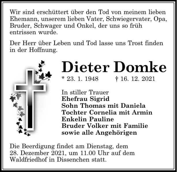 Traueranzeige Dieter Domke