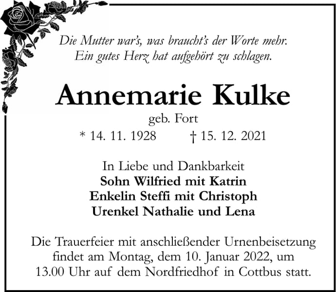 Traueranzeige Annemarie Kulke, geb. Fort