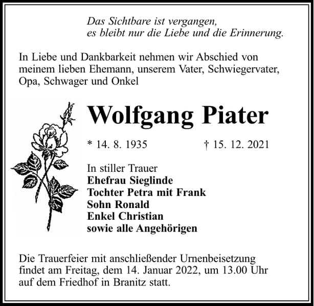 Traueranzeige Wolfgang Piater