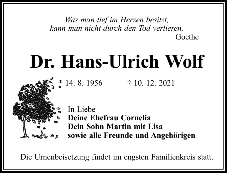 Traueranzeige Dr. Hans-Ulrich Wolf