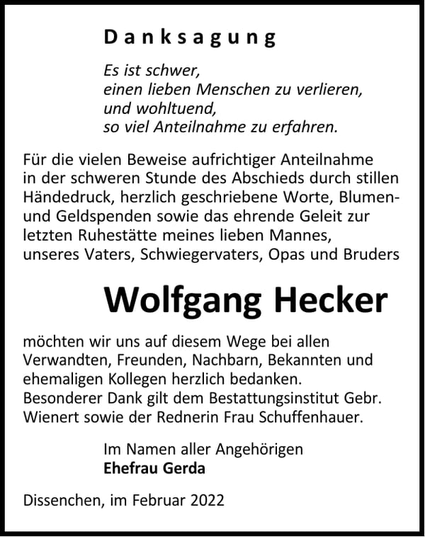 Traueranzeige Wolfgang Hecker