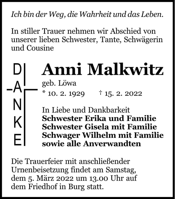 Traueranzeige Anni Malkwitz, geb. Löwa