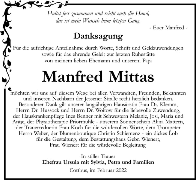 Danksagung Manfred Mittas