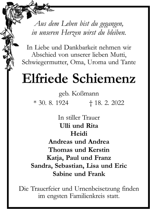 Traueranzeige Elfriede Schiemenz, geb. Koßmann