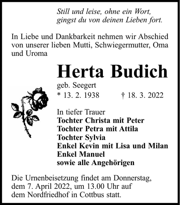Traueranzeige Herta Budich, geb. Seegert