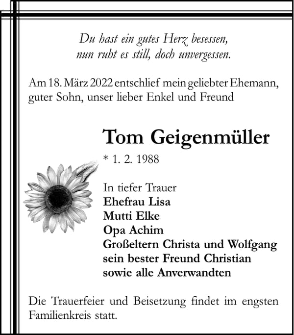 Traueranzeige Tom Geigenmüller
