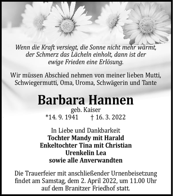 Traueranzeige Barbara Hannen, geb. Kaiser