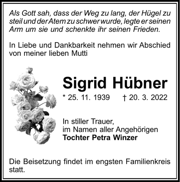 Traueranzeige Sigrid Hübner