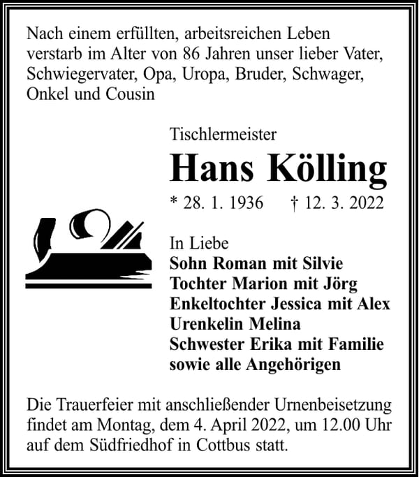 Traueranzeige Hans Kölling