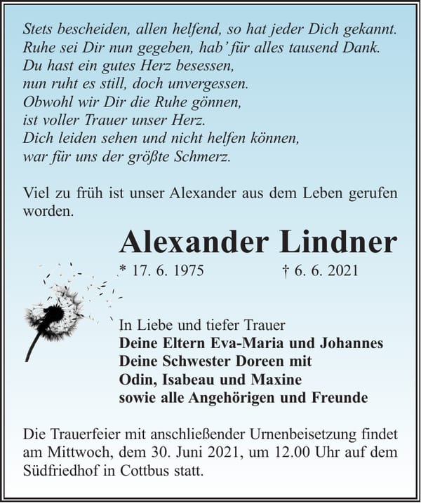 Traueranzeige Alexander Lindner