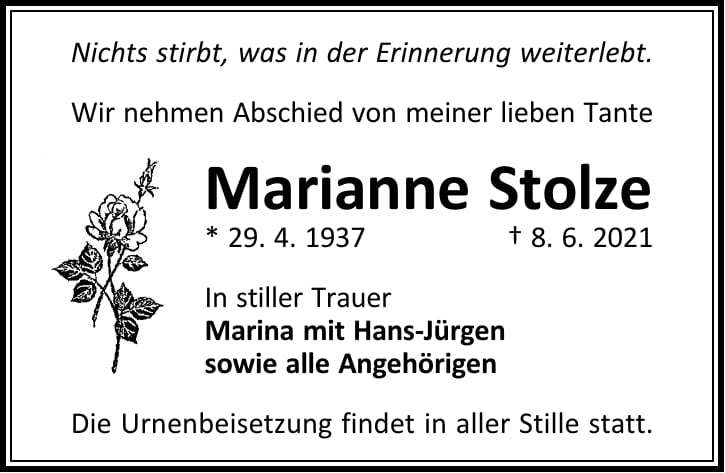 Traueranzeige Marianne Stolze