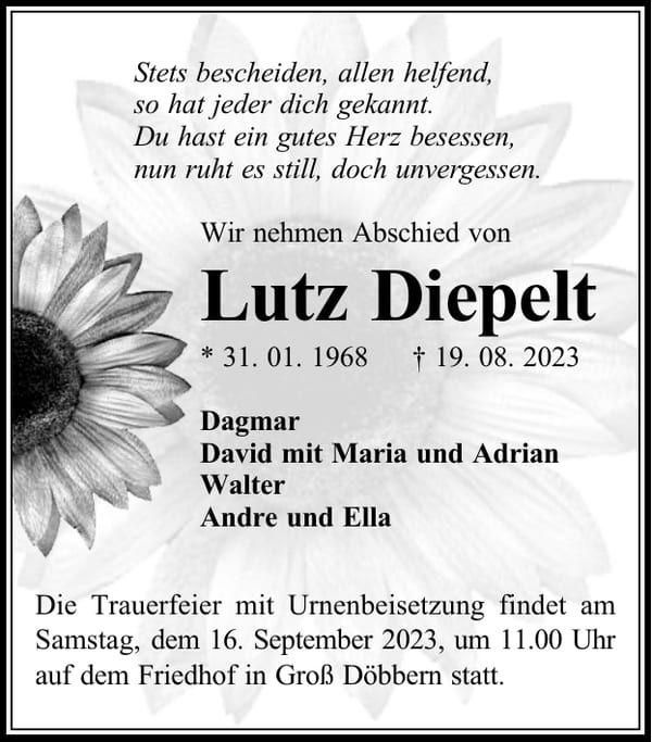 Traueranzeige Lutz Diepelt