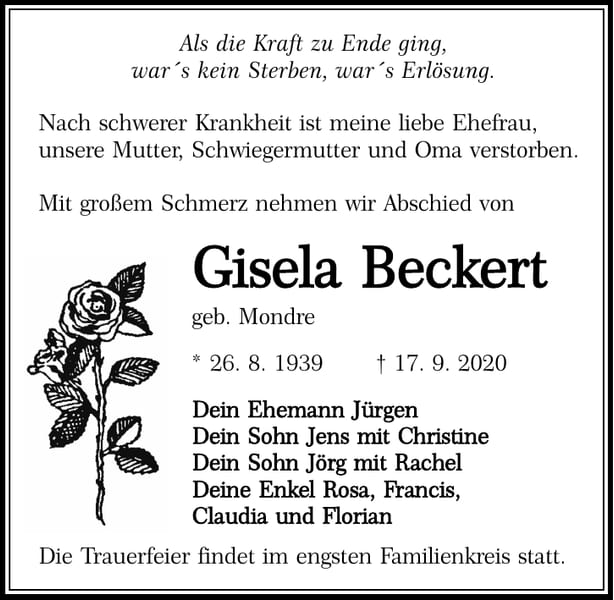 Traueranzeige Gisela Beckert, geb. Mondre