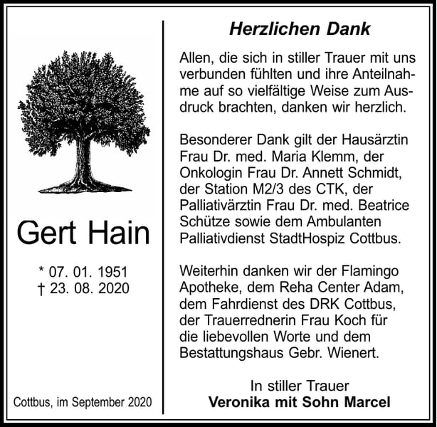 Traueranzeige Gert Hain
