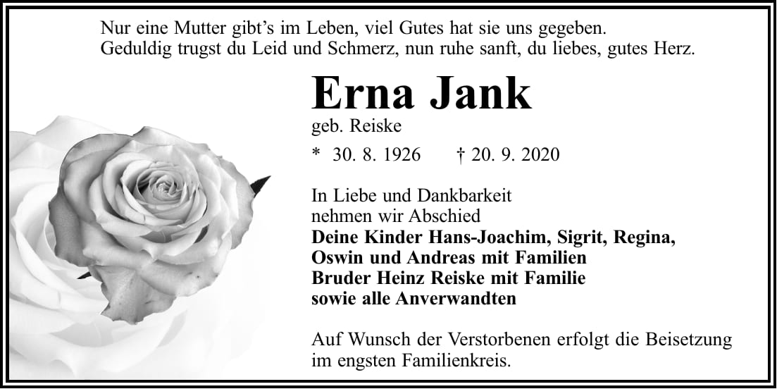 Traueranzeige Erna Jank, geb. Reiske