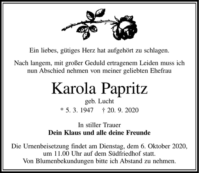 Traueranzeige Karola Papritz, geb. Lucht