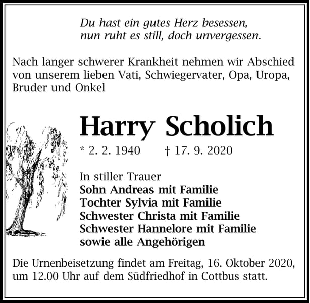 Traueranzeige Harry Scholich