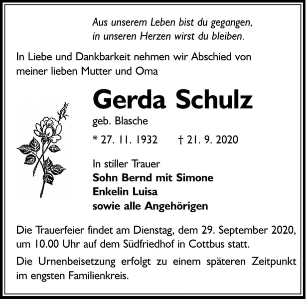 Traueranzeige Gerda Schulz, geb. Blasche