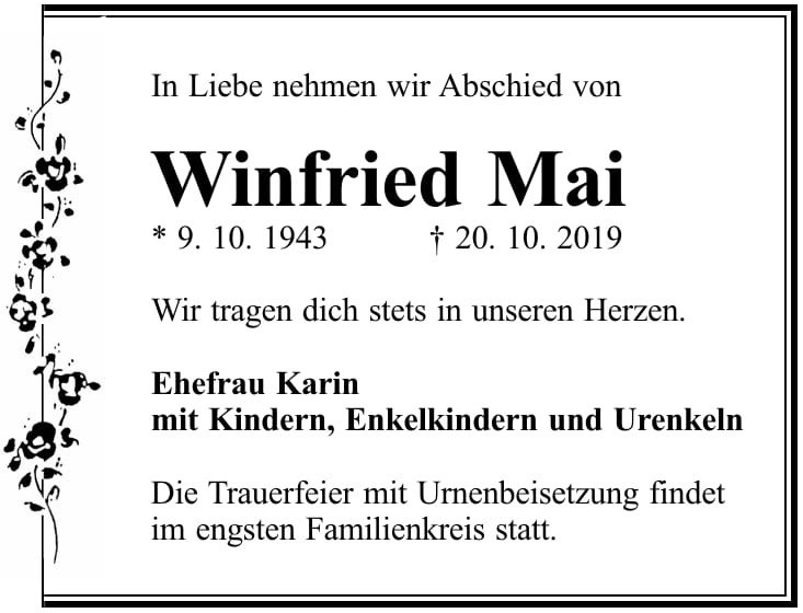 Traueranzeige Winfried Mai