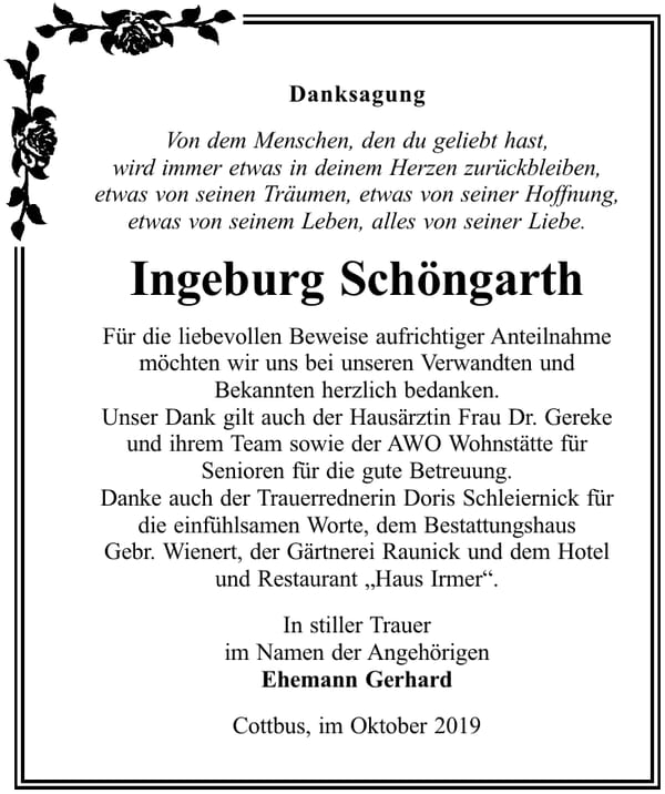 Danksagung Ingeburg Schöngarth
