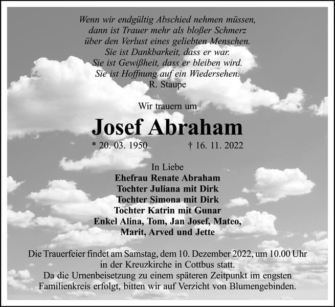 Traueranzeige Josef Abraham