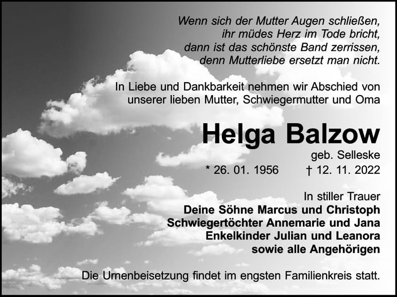 Traueranzeige Helga Balzow, geb. Selleske