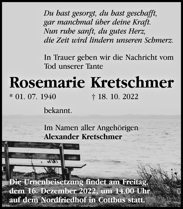 Traueranzeige Rosemarie Kretschmer