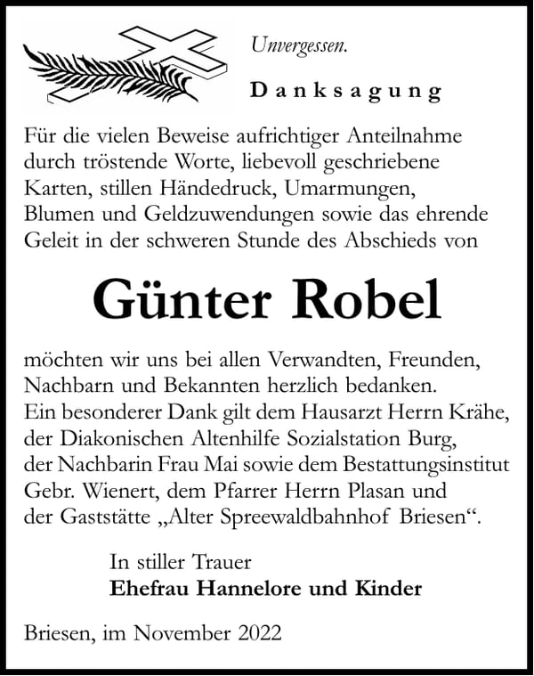 Danksagung Günter Robel