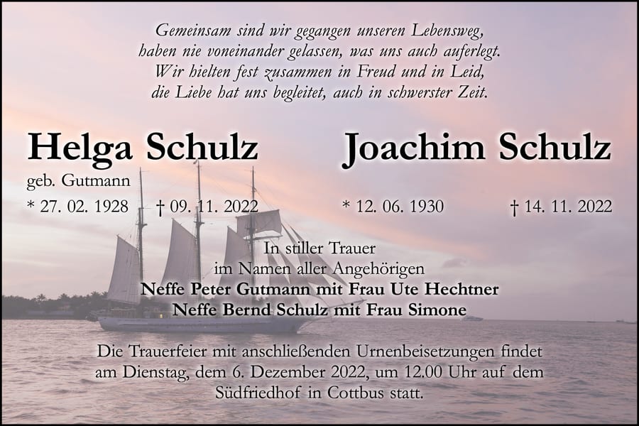 Traueranzeige Helga Schulz, geb. Gutmann und Joachim Schulz