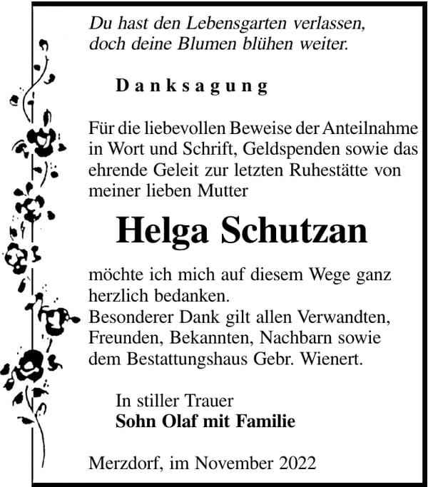 Danksagung Helga Schutzan