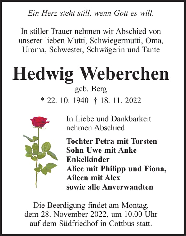 Traueranzeige Hedwig Weberchen, geb. Berg