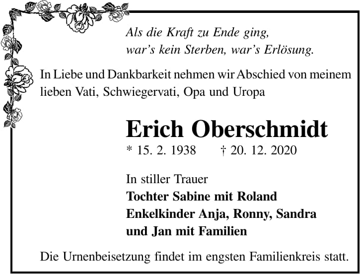 Traueranzeige Erich Oberschmidt