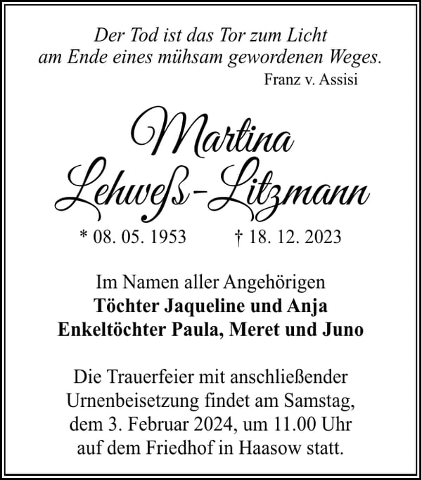 Traueranzeige Martina Lehweß-Litzmann