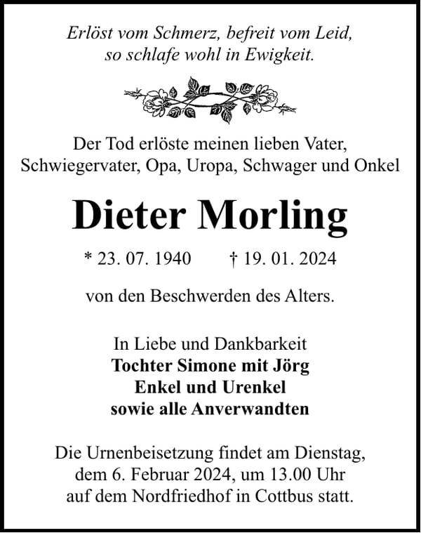 Traueranzeige Dieter Morling