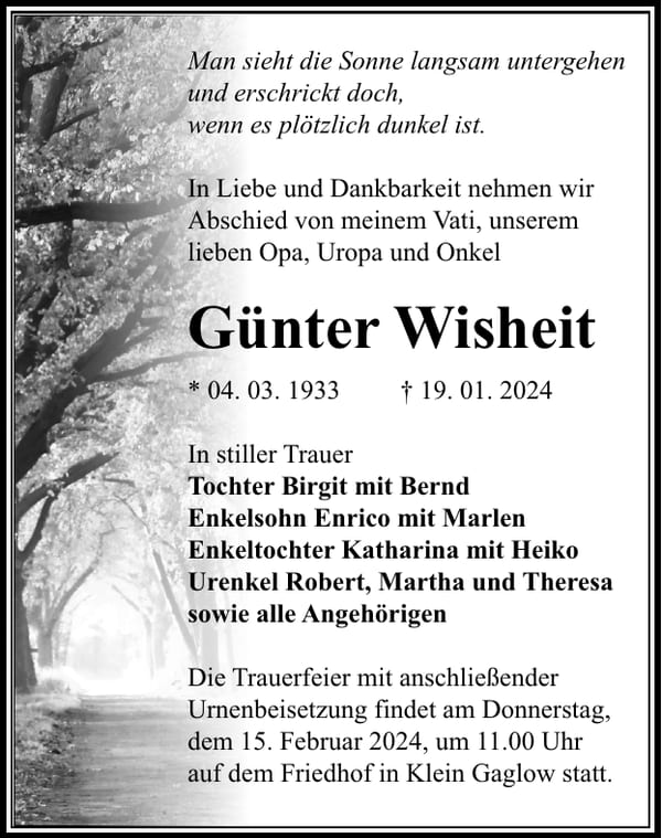 Traueranzeige Günter Wisheit