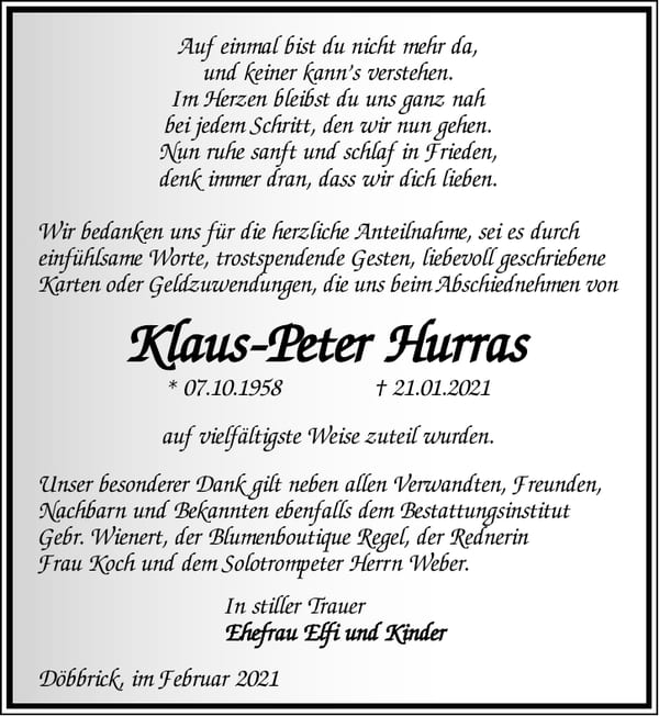 Danksagung Klaus-Peter Hurras