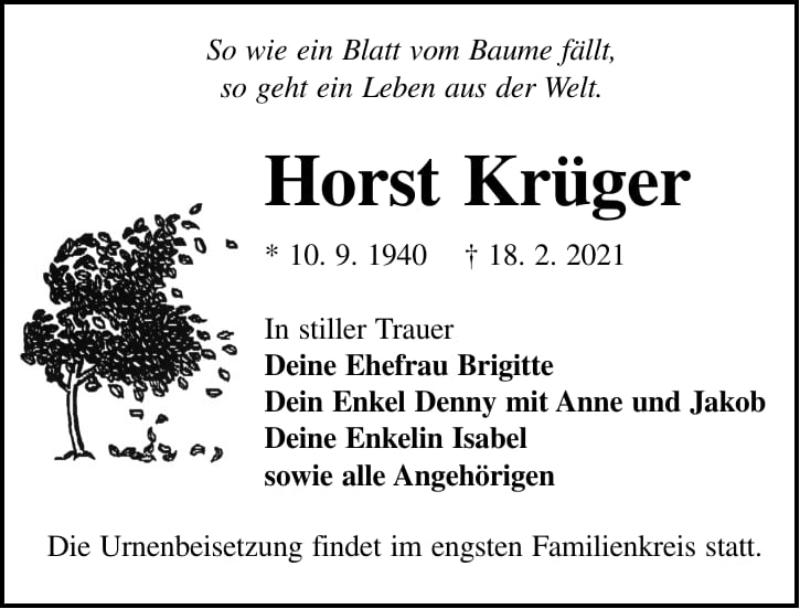 Traueranzeige Horst Krüger