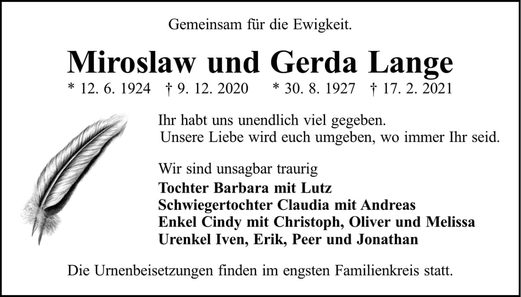 Traueranzeige Miroslaw und Gerda Lange