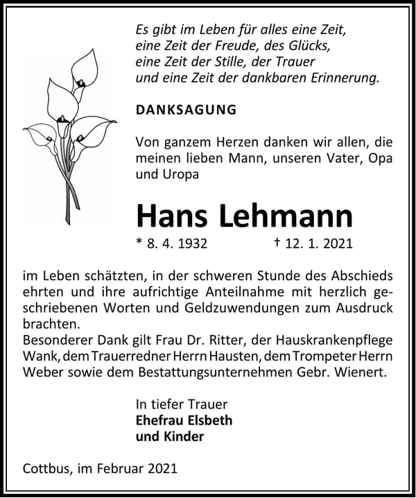 Danksagung Hans Lehmann